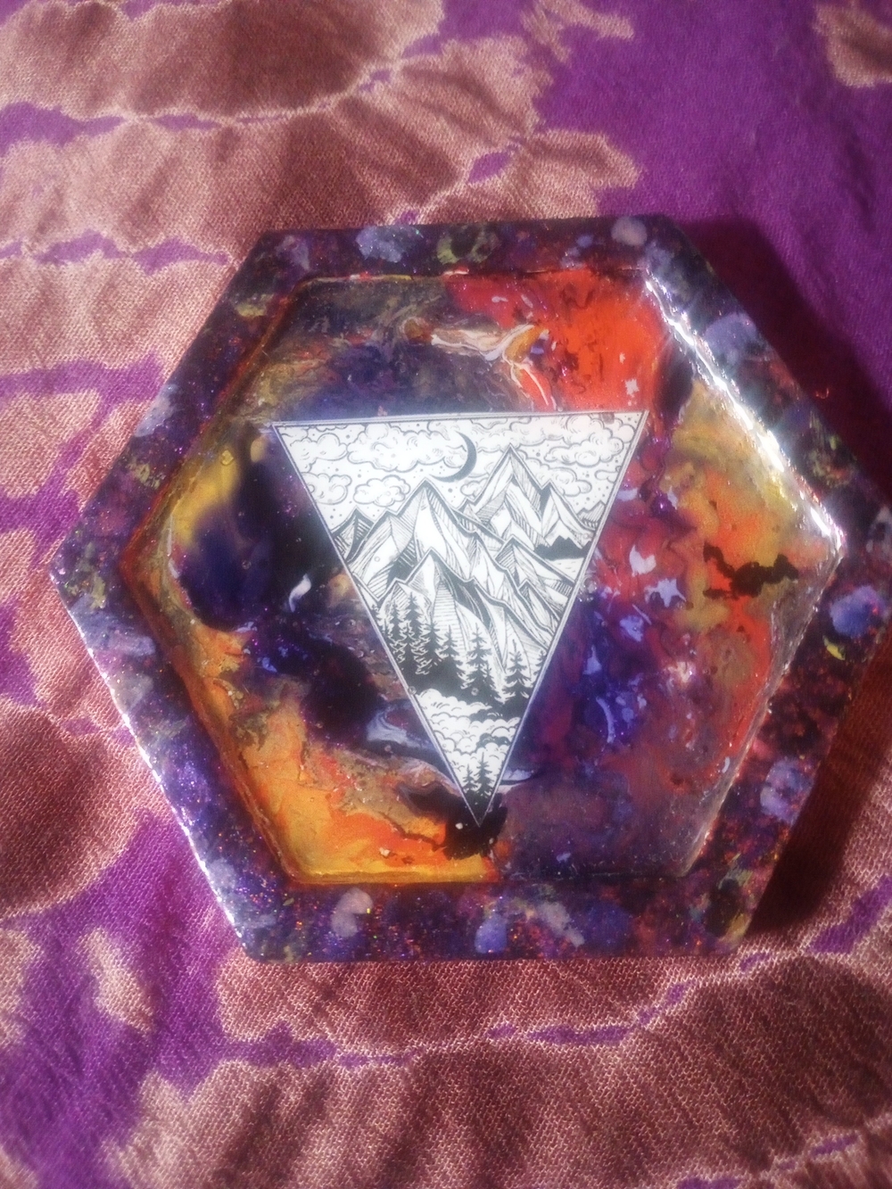 Handcrafted Hexagonal Mountain Resin Coaster Art in Purple & Orange
